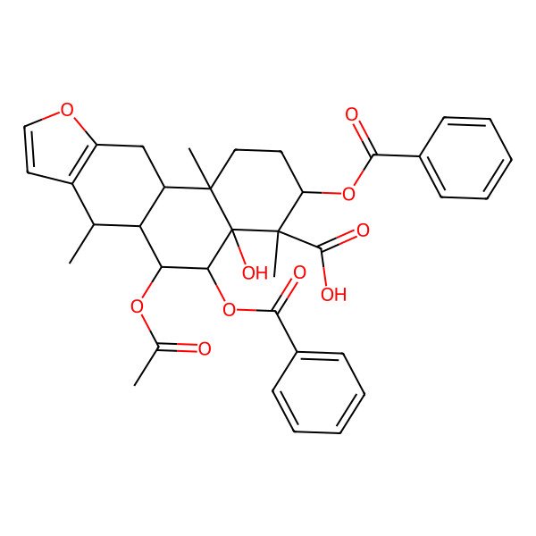 2D Structure of (3S,4S,4aS,5R,6R,6aS,7R,11aS,11bR)-6-acetyloxy-3,5-dibenzoyloxy-4a-hydroxy-4,7,11b-trimethyl-2,3,5,6,6a,7,11,11a-octahydro-1H-naphtho[2,1-f][1]benzofuran-4-carboxylic acid
