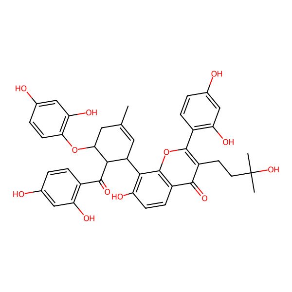 2D Structure of 8-[(6R)-6-(2,4-dihydroxybenzoyl)-5-(2,4-dihydroxyphenoxy)-3-methylcyclohex-2-en-1-yl]-2-(2,4-dihydroxyphenyl)-7-hydroxy-3-(3-hydroxy-3-methylbutyl)chromen-4-one