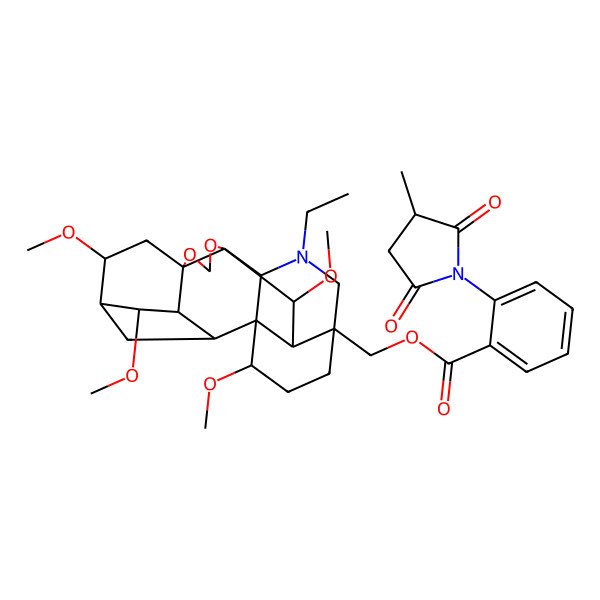 2D Structure of [(1S,5R,8R,12R,16S)-14-ethyl-4,6,19,21-tetramethoxy-9,11-dioxa-14-azaheptacyclo[10.7.2.12,5.01,13.03,8.08,12.016,20]docosan-16-yl]methyl 2-(3-methyl-2,5-dioxopyrrolidin-1-yl)benzoate
