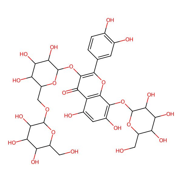 2D Structure of 2-(3,4-dihydroxyphenyl)-5,7-dihydroxy-8-[(2S,3R,4S,5S,6R)-3,4,5-trihydroxy-6-(hydroxymethyl)oxan-2-yl]oxy-3-[(2S,3R,4S,5S,6R)-3,4,5-trihydroxy-6-[[(2S,3R,4S,5S,6R)-3,4,5-trihydroxy-6-(hydroxymethyl)oxan-2-yl]oxymethyl]oxan-2-yl]oxychromen-4-one