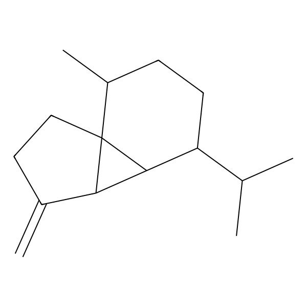 2D Structure of 1H-Cyclopenta[1,3]cyclopropa[1,2]benzene, octahydro-7-methyl-3-methylene-4-(1-methylethyl)-, [3aS-(3aalpha,3bbeta,4beta,7alpha,7aS*)]-