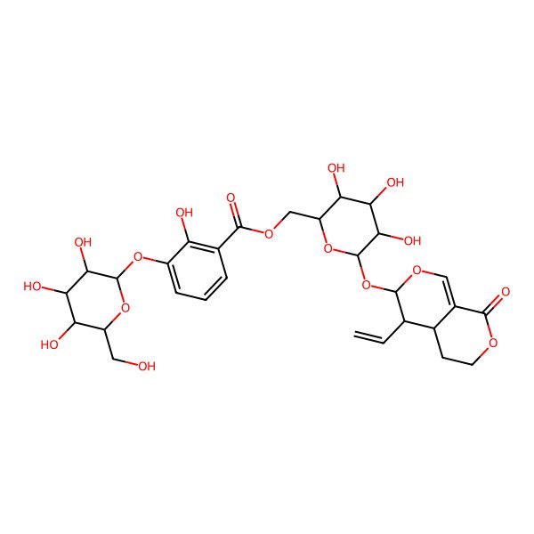 2D Structure of (4aS)-5beta-Ethenyl-6alpha-[6-O-[2-hydroxy-3-(beta-D-glucopyranosyloxy)benzoyl]-beta-D-glucopyranosyloxy]-4,4aalpha,5,6-tetrahydro-1H,3H-pyrano[3,4-c]pyran-1-one