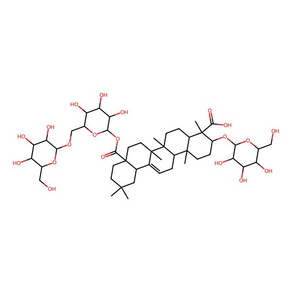 2D Structure of (3S,4R,4aR,6aR,6bS,8aS,12aS,14aR,14bR)-4,6a,6b,11,11,14b-hexamethyl-3-[(2R,3R,4S,5S,6R)-3,4,5-trihydroxy-6-(hydroxymethyl)oxan-2-yl]oxy-8a-[(2S,3R,4S,5S,6R)-3,4,5-trihydroxy-6-[[(2R,3R,4S,5S,6R)-3,4,5-trihydroxy-6-(hydroxymethyl)oxan-2-yl]oxymethyl]oxan-2-yl]oxycarbonyl-1,2,3,4a,5,6,7,8,9,10,12,12a,14,14a-tetradecahydropicene-4-carboxylic acid