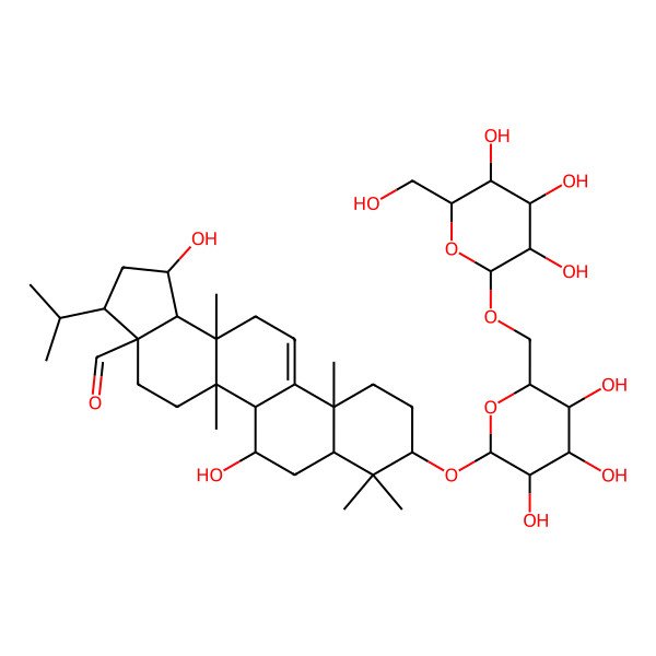 2D Structure of (1R,3S,3aR,5aS,5bS,6S,7aR,9S,11aS,13aR,13bR)-3a-formyl-1,6-dihydroxy-5a,8,8,11a,13a-pentamethyl-3-(propan-2-yl)-2,3,3a,4,5,5a,5b,6,7,7a,8,9,10,11,11a,13,13a,13b-octadecahydro-1H-cyclopenta[a]chrysen-9-yl 6-O-beta-D-glucopyranosyl-beta-D-glucopyranoside