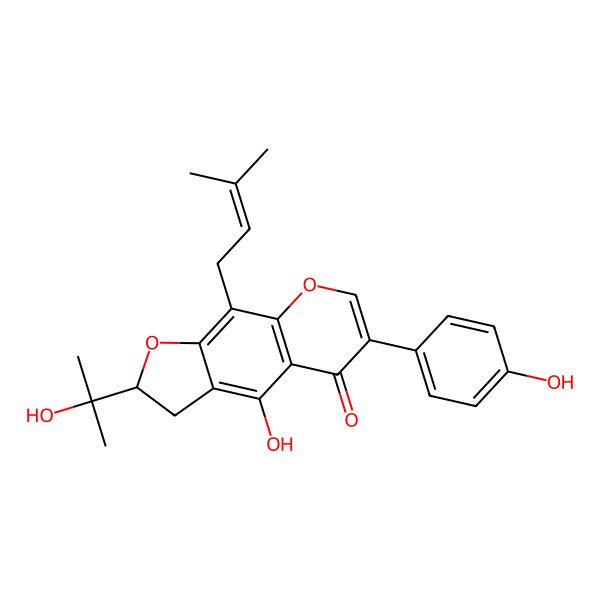 2D Structure of 4-Hydroxy-6-(4-hydroxyphenyl)-2-(2-hydroxypropan-2-yl)-9-(3-methylbut-2-enyl)-2,3-dihydrofuro[3,2-g]chromen-5-one