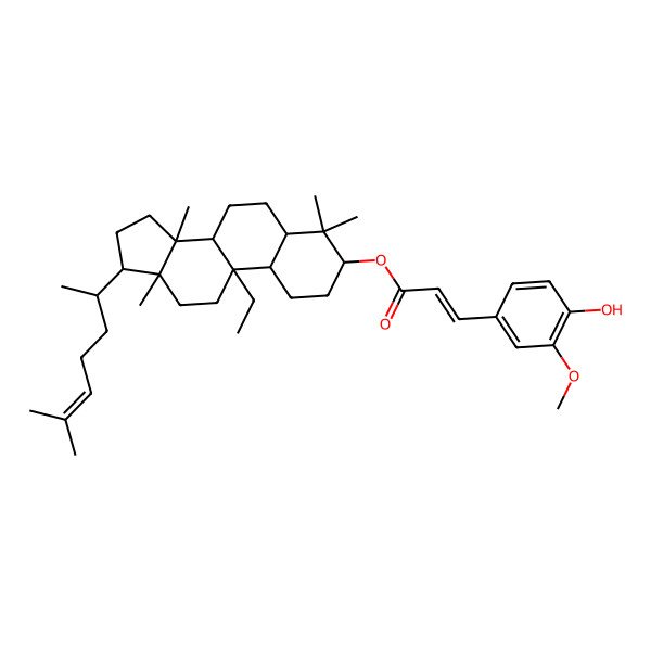 2D Structure of [(3S,9S,13R)-9-ethyl-4,4,13,14-tetramethyl-17-(6-methylhept-5-en-2-yl)-2,3,5,6,7,8,10,11,12,15,16,17-dodecahydro-1H-cyclopenta[a]phenanthren-3-yl] (E)-3-(4-hydroxy-3-methoxyphenyl)prop-2-enoate