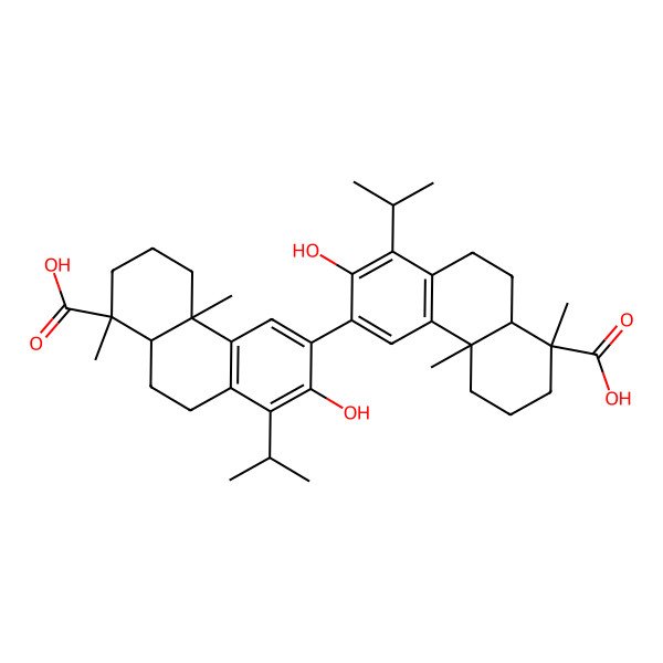 2D Structure of (1S,4aS)-6-[(4bS,8S)-8-carboxy-2-hydroxy-4b,8-dimethyl-1-propan-2-yl-5,6,7,8a,9,10-hexahydrophenanthren-3-yl]-7-hydroxy-1,4a-dimethyl-8-propan-2-yl-2,3,4,9,10,10a-hexahydrophenanthrene-1-carboxylic acid
