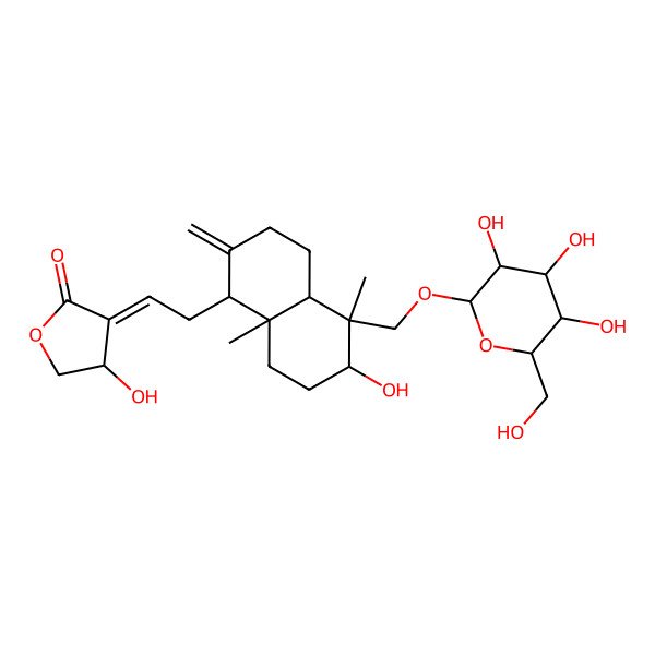2D Structure of (3Z,4S)-3-[2-[(1R,4aS,5R,6R,8aS)-6-hydroxy-5,8a-dimethyl-2-methylidene-5-[[(2R,3R,4S,5S,6R)-3,4,5-trihydroxy-6-(hydroxymethyl)oxan-2-yl]oxymethyl]-3,4,4a,6,7,8-hexahydro-1H-naphthalen-1-yl]ethylidene]-4-hydroxyoxolan-2-one