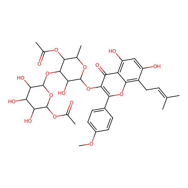 2D Structure of [(2S,3S,4S,5R,6S)-4-[(2R,3R,4R,5R,6R)-6-acetyloxy-3,4,5-trihydroxyoxan-2-yl]oxy-6-[5,7-dihydroxy-2-(4-methoxyphenyl)-8-(3-methylbut-2-enyl)-4-oxochromen-3-yl]oxy-5-hydroxy-2-methyloxan-3-yl] acetate