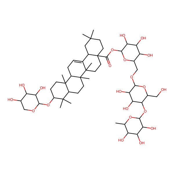 2D Structure of [(2S,3R,4S,5S,6R)-6-[[(2R,3R,4R,5S,6R)-3,4-dihydroxy-6-(hydroxymethyl)-5-[(2S,3R,4R,5R,6S)-3,4,5-trihydroxy-6-methyloxan-2-yl]oxyoxan-2-yl]oxymethyl]-3,4,5-trihydroxyoxan-2-yl] (4aS,6aR,6aS,6bR,8aR,10S,12aR,14bS)-2,2,6a,6b,9,9,12a-heptamethyl-10-[(2R,3R,4S,5S)-3,4,5-trihydroxyoxan-2-yl]oxy-1,3,4,5,6,6a,7,8,8a,10,11,12,13,14b-tetradecahydropicene-4a-carboxylate