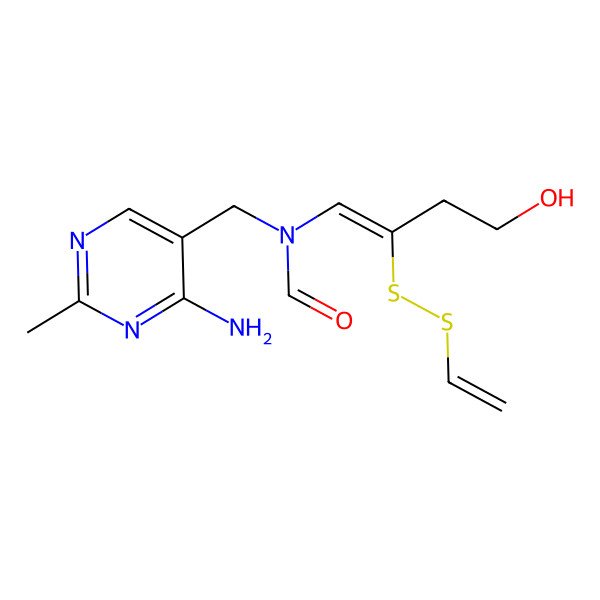 2D Structure of N-[(4-amino-2-methylpyrimidin-5-yl)methyl]-N-[(E)-2-(ethenyldisulfanyl)-4-hydroxybut-1-enyl]formamide