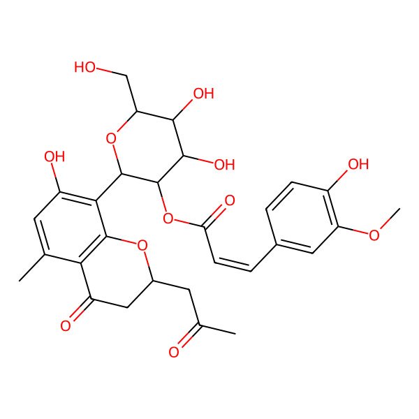 2D Structure of [(2S,3R,4S,5S,6R)-4,5-dihydroxy-6-(hydroxymethyl)-2-[7-hydroxy-5-methyl-4-oxo-2-(2-oxopropyl)-2,3-dihydrochromen-8-yl]oxan-3-yl] (E)-3-(4-hydroxy-3-methoxyphenyl)prop-2-enoate