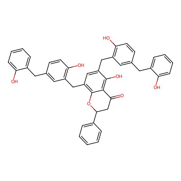 2D Structure of (2S)-5-hydroxy-6,8-bis[[2-hydroxy-5-[(2-hydroxyphenyl)methyl]phenyl]methyl]-2-phenyl-2,3-dihydrochromen-4-one