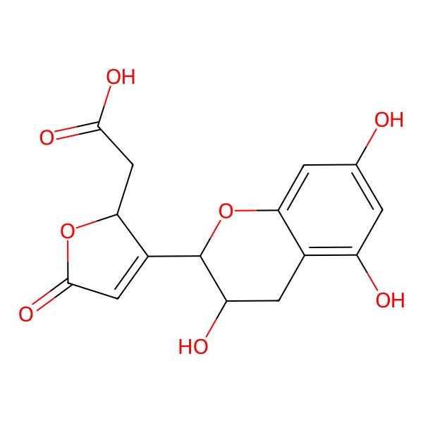 2D Structure of 2-Furanacetic acid, 3-[(2R,3S)-3,4-dihydro-3,5,7-trihydroxy-2H-1-benzopyran-2-yl]-2,5-dihydro-5-oxo-, (2S)-
