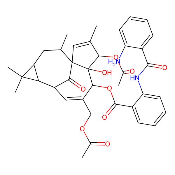 2D Structure of [(1S,4S,5R,6R,9S,10R,12R,14R)-4-acetyloxy-7-(acetyloxymethyl)-5-hydroxy-3,11,11,14-tetramethyl-15-oxo-6-tetracyclo[7.5.1.01,5.010,12]pentadeca-2,7-dienyl] 2-[(2-aminobenzoyl)amino]benzoate