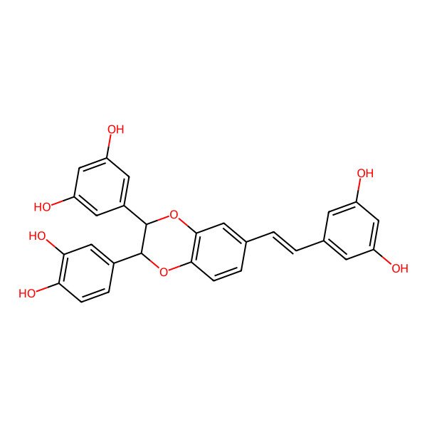 2D Structure of 1,2-Benzenediol, 4-[(2S,3S)-3-(3,5-dihydroxyphenyl)-6-[(E)-2-(3,5-dihydroxyphenyl)ethenyl]-2,3-dihydro-1,4-benzodioxin-2-yl]-