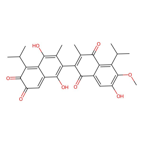 2D Structure of 2-(1,4-dihydroxy-3-methyl-6,7-dioxo-5-propan-2-ylnaphthalen-2-yl)-7-hydroxy-6-methoxy-3-methyl-5-propan-2-ylnaphthalene-1,4-dione