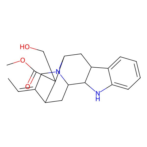 2D Structure of methyl (1S,12S,14S,15Z)-15-ethylidene-13-(hydroxymethyl)-3,17-diazapentacyclo[12.3.1.02,10.04,9.012,17]octadeca-4,6,8-triene-13-carboxylate