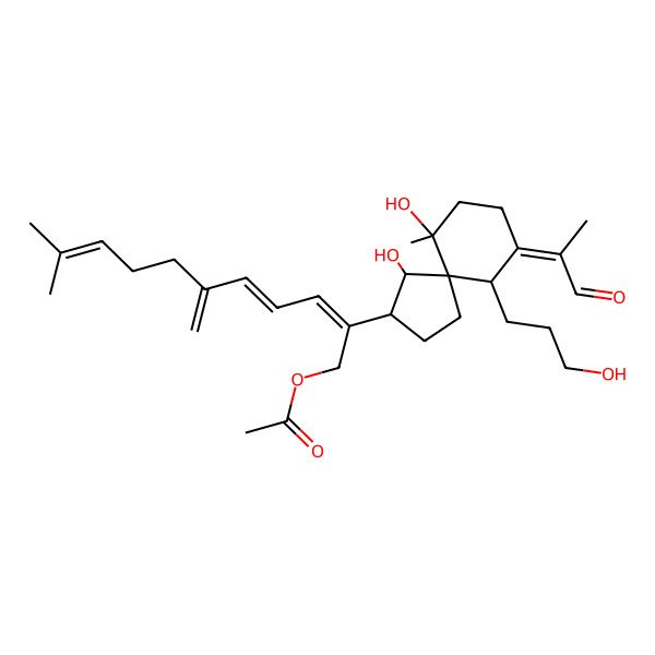 2D Structure of [(2E,4E)-2-[(3S,4S,5S,6R,7Z,10S)-4,10-dihydroxy-6-(3-hydroxypropyl)-10-methyl-7-(1-oxopropan-2-ylidene)spiro[4.5]decan-3-yl]-10-methyl-6-methylideneundeca-2,4,9-trienyl] acetate