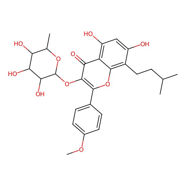 2D Structure of 5,7-Dihydroxy-2-(4-methoxyphenyl)-8-(3-methylbutyl)-4-oxo-4H-chromen-3-YL 6-deoxy-alpha-L-mannopyranoside