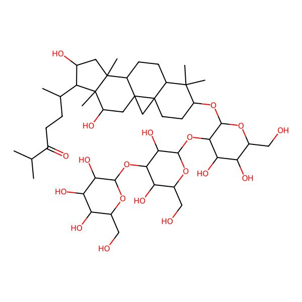 2D Structure of (6R)-6-[(1R,3R,6S,8R,11S,12S,14S,15R,16R,17S)-6-[(2R,3R,4S,5S,6R)-3-[(2S,3R,4S,5R,6R)-3,5-dihydroxy-6-(hydroxymethyl)-4-[(2S,3R,4S,5S,6R)-3,4,5-trihydroxy-6-(hydroxymethyl)oxan-2-yl]oxyoxan-2-yl]oxy-4,5-dihydroxy-6-(hydroxymethyl)oxan-2-yl]oxy-14,17-dihydroxy-7,7,12,16-tetramethyl-15-pentacyclo[9.7.0.01,3.03,8.012,16]octadecanyl]-2-methylheptan-3-one