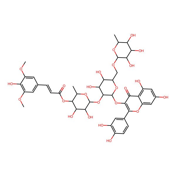 2D Structure of 5,7,3',4'-Tetrahydroxyflavone-3-yl 2-O-[4-O-(3,5-dimethoxy-4-hydroxy-trans-cinnamoyl)-alpha-L-rhamnopyranosyl]-6-O-(alpha-L-rhamnopyranosyl)-beta-D-glucopyranoside