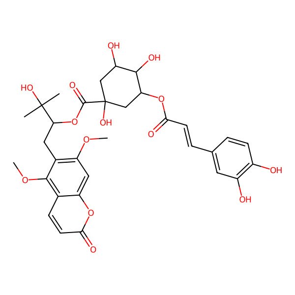 2D Structure of [(2S)-1-(5,7-dimethoxy-2-oxochromen-6-yl)-3-hydroxy-3-methylbutan-2-yl] (1S,3R,4R,5R)-3-[(E)-3-(3,4-dihydroxyphenyl)prop-2-enoyl]oxy-1,4,5-trihydroxycyclohexane-1-carboxylate