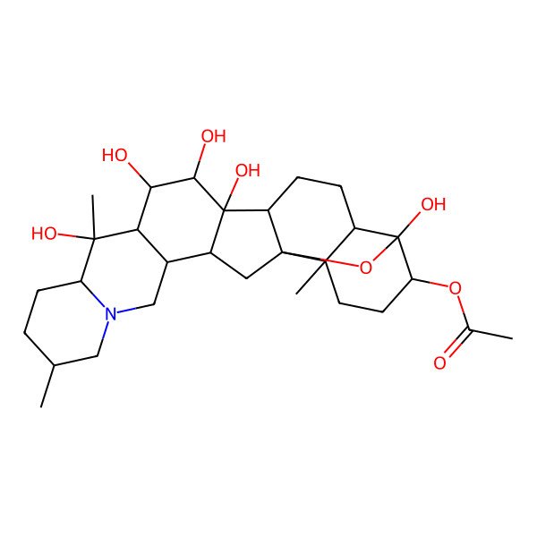 2D Structure of [(2S,6S,10S,12R,15S,18S,19S,22S,23R)-10,12,13,14,23-pentahydroxy-6,10,19-trimethyl-24-oxa-4-azaheptacyclo[12.12.0.02,11.04,9.015,25.018,23.019,25]hexacosan-22-yl] acetate