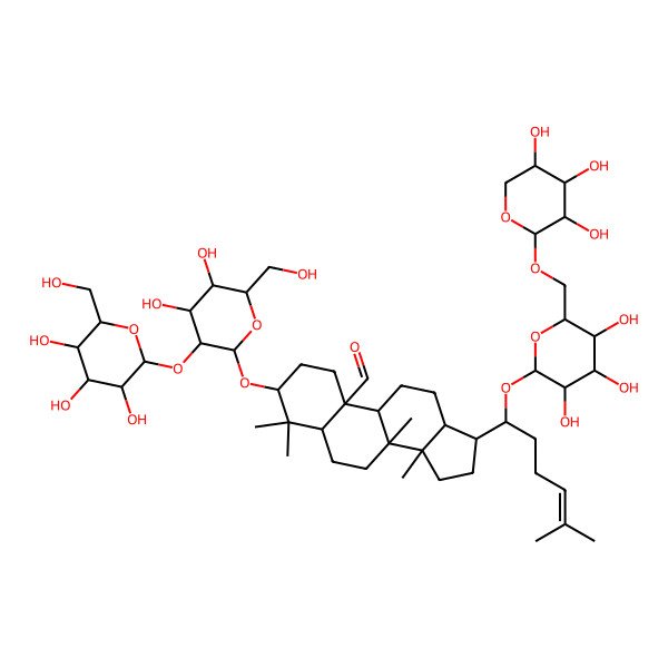2D Structure of 3-[(2R,3R,4S,5S,6R)-4,5-dihydroxy-6-(hydroxymethyl)-3-[(2S,3R,4S,5S,6R)-3,4,5-trihydroxy-6-(hydroxymethyl)oxan-2-yl]oxyoxan-2-yl]oxy-4,4,8,14-tetramethyl-17-[5-methyl-1-[(2R,3R,4S,5S,6R)-3,4,5-trihydroxy-6-[[(2S,3R,4S,5R)-3,4,5-trihydroxyoxan-2-yl]oxymethyl]oxan-2-yl]oxyhex-4-enyl]-2,3,5,6,7,9,11,12,13,15,16,17-dodecahydro-1H-cyclopenta[a]phenanthrene-10-carbaldehyde