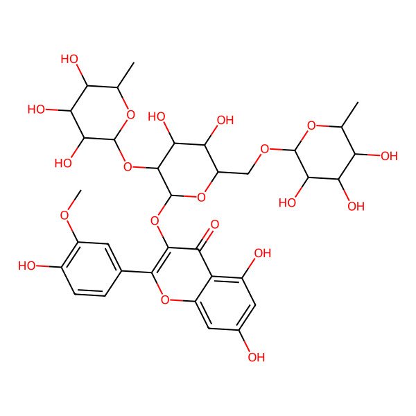 2D Structure of 3-[(3S,4R,5R,6S)-4,5-dihydroxy-3-[(2S,3S,4S,5S,6R)-3,4,5-trihydroxy-6-methyloxan-2-yl]oxy-6-[[(2S,3S,4S,5S,6R)-3,4,5-trihydroxy-6-methyloxan-2-yl]oxymethyl]oxan-2-yl]oxy-5,7-dihydroxy-2-(4-hydroxy-3-methoxyphenyl)chromen-4-one