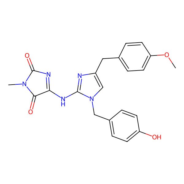 2D Structure of 5-[[1-[(4-hydroxyphenyl)methyl]-4-[(4-methoxyphenyl)methyl]imidazol-2-yl]amino]-3-methylimidazole-2,4-dione
