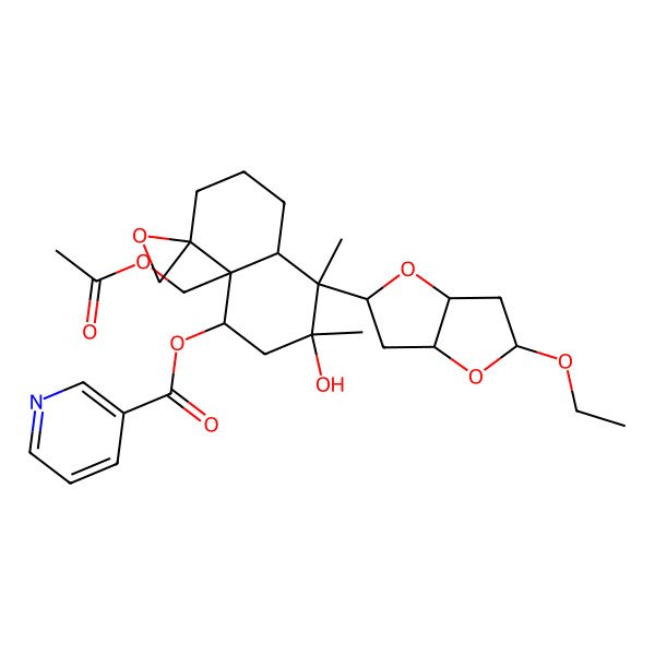 2D Structure of [(1S,3S,4S,4aR,8S)-8a-(acetyloxymethyl)-4-[(2S,5R)-5-ethoxy-2,3,3a,5,6,6a-hexahydrofuro[3,2-b]furan-2-yl]-3-hydroxy-3,4-dimethylspiro[1,2,4a,5,6,7-hexahydronaphthalene-8,2'-oxirane]-1-yl] pyridine-3-carboxylate
