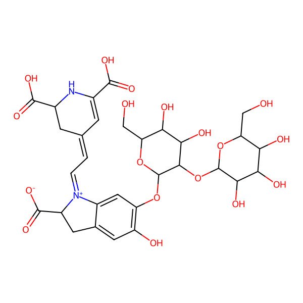 2D Structure of (2S)-1-[(2E)-2-[(2R)-2,6-dicarboxy-2,3-dihydro-1H-pyridin-4-ylidene]ethylidene]-6-[(2S,3R,4S,5S,6R)-4,5-dihydroxy-6-(hydroxymethyl)-3-[(2S,3R,4S,5S,6R)-3,4,5-trihydroxy-6-(hydroxymethyl)oxan-2-yl]oxyoxan-2-yl]oxy-5-hydroxy-2,3-dihydroindol-1-ium-2-carboxylate