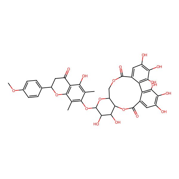 2D Structure of (10S,11R,12R,13S,15R)-3,4,5,11,12,21,22,23-octahydroxy-13-[[(2S)-5-hydroxy-2-(4-methoxyphenyl)-6,8-dimethyl-4-oxo-2,3-dihydrochromen-7-yl]oxy]-9,14,17-trioxatetracyclo[17.4.0.02,7.010,15]tricosa-1(23),2,4,6,19,21-hexaene-8,18-dione