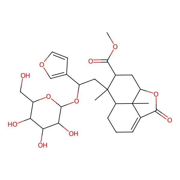 2D Structure of methyl (1R,8S,9S,10R,12R)-9-[(2R)-2-(furan-3-yl)-2-[(2R,3R,4S,5S,6R)-3,4,5-trihydroxy-6-(hydroxymethyl)oxan-2-yl]oxyethyl]-9,12-dimethyl-3-oxo-2-oxatricyclo[6.3.1.04,12]dodec-4-ene-10-carboxylate