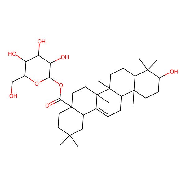 2D Structure of [(2S,3R,4S,5S,6R)-3,4,5-trihydroxy-6-(hydroxymethyl)oxan-2-yl] (4aS,6aS,6bR,10S,12aR)-10-hydroxy-2,2,6a,6b,9,9,12a-heptamethyl-1,3,4,5,6,6a,7,8,8a,10,11,12,13,14b-tetradecahydropicene-4a-carboxylate