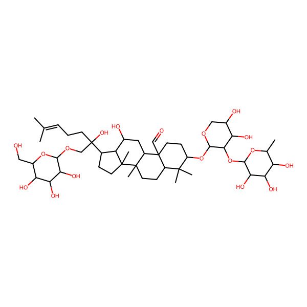 2D Structure of 3-[(2S,3R,4S,5S)-4,5-dihydroxy-3-[(3R,4R,5R,6S)-3,4,5-trihydroxy-6-methyloxan-2-yl]oxyoxan-2-yl]oxy-12-hydroxy-17-[2-hydroxy-6-methyl-1-[(2R,3R,4S,5S,6R)-3,4,5-trihydroxy-6-(hydroxymethyl)oxan-2-yl]oxyhept-5-en-2-yl]-4,4,8,14-tetramethyl-2,3,5,6,7,9,11,12,13,15,16,17-dodecahydro-1H-cyclopenta[a]phenanthrene-10-carbaldehyde
