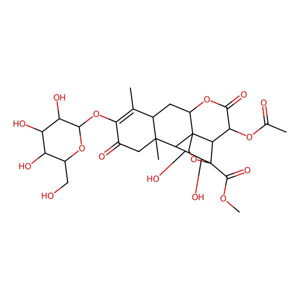 2D Structure of methyl (1R,2S,3R,6R,8R,13S,14R,15R,16S,17S)-3-acetyloxy-15,16-dihydroxy-9,13-dimethyl-4,11-dioxo-10-[(2S,3R,4S,5S,6R)-3,4,5-trihydroxy-6-(hydroxymethyl)oxan-2-yl]oxy-5,18-dioxapentacyclo[12.5.0.01,6.02,17.08,13]nonadec-9-ene-17-carboxylate