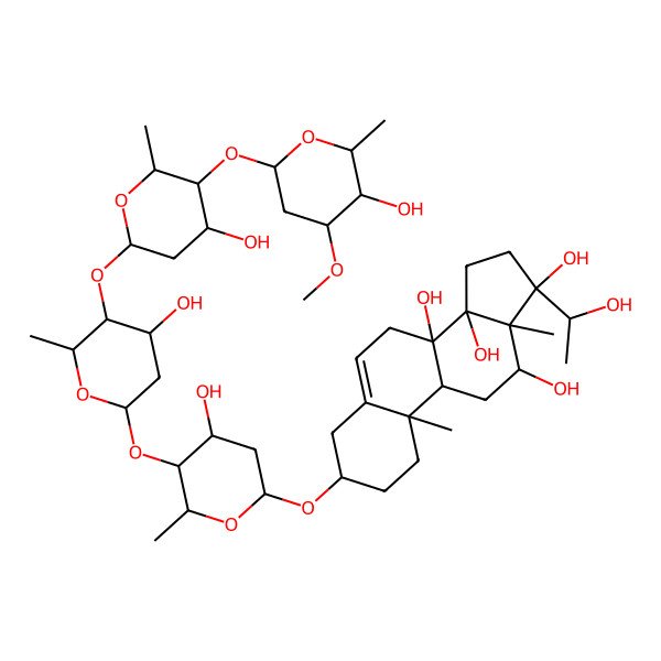 2D Structure of (3S,8S,9R,10R,12R,13R,14R,17S)-17-[(1R)-1-hydroxyethyl]-3-[(2R,4S,5S,6R)-4-hydroxy-5-[(2S,4R,5S,6R)-4-hydroxy-5-[(2S,4R,5S,6R)-4-hydroxy-5-[(2S,4R,5R,6R)-5-hydroxy-4-methoxy-6-methyloxan-2-yl]oxy-6-methyloxan-2-yl]oxy-6-methyloxan-2-yl]oxy-6-methyloxan-2-yl]oxy-10,13-dimethyl-1,2,3,4,7,9,11,12,15,16-decahydrocyclopenta[a]phenanthrene-8,12,14,17-tetrol