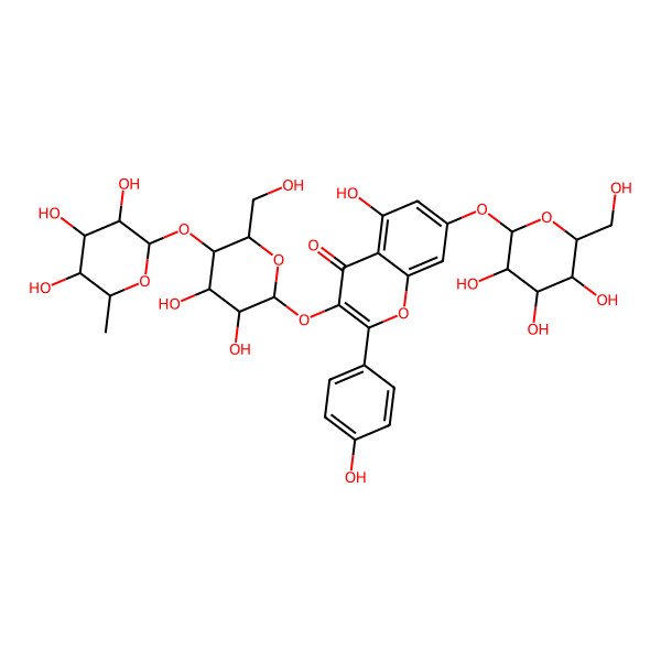 2D Structure of 3-[(2S,3R,4R,5S,6R)-3,4-dihydroxy-6-(hydroxymethyl)-5-[(2S,3R,4R,5R,6S)-3,4,5-trihydroxy-6-methyloxan-2-yl]oxyoxan-2-yl]oxy-5-hydroxy-2-(4-hydroxyphenyl)-7-[(2S,3R,4S,5S,6R)-3,4,5-trihydroxy-6-(hydroxymethyl)oxan-2-yl]oxychromen-4-one
