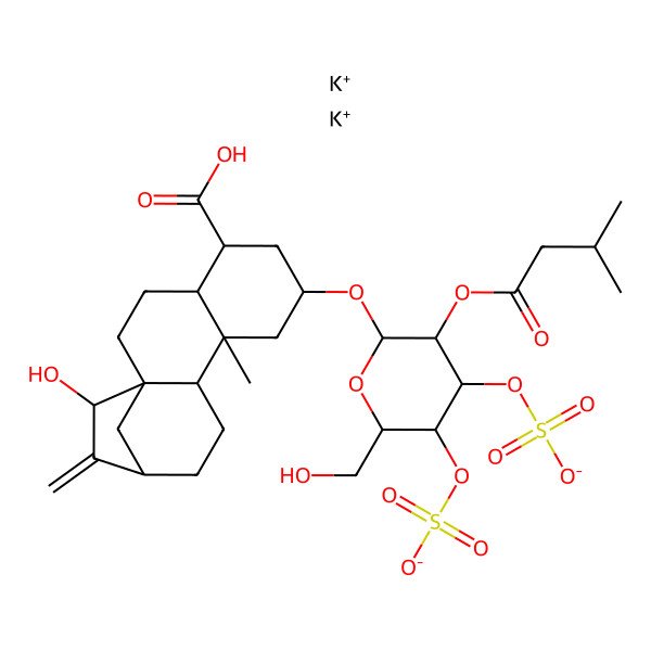 2D Structure of dipotassium;[(2S,3R,4R,5R,6R)-2-[[(1R,4R,5R,7R,9R,13S,15S)-5-carboxy-15-hydroxy-9-methyl-14-methylidene-7-tetracyclo[11.2.1.01,10.04,9]hexadecanyl]oxy]-6-(hydroxymethyl)-3-(3-methylbutanoyloxy)-5-sulfonatooxyoxan-4-yl] sulfate