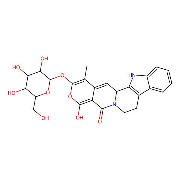 2D Structure of (1S)-16-hydroxy-19-methyl-18-[(2S,3R,4S,5S,6R)-3,4,5-trihydroxy-6-(hydroxymethyl)oxan-2-yl]oxy-17-oxa-3,13-diazapentacyclo[11.8.0.02,10.04,9.015,20]henicosa-2(10),4,6,8,15,18,20-heptaen-14-one