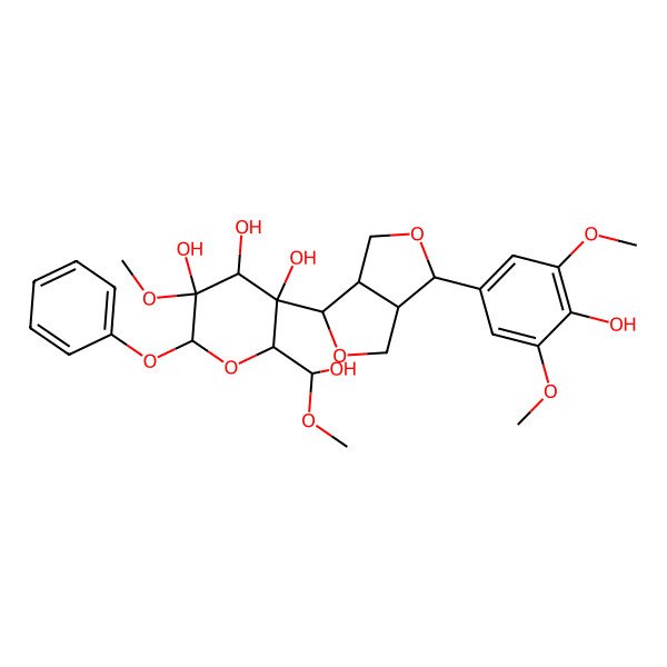 2D Structure of beta-D-Glucopyranoside, 2,6-dimethoxy-4-(tetrahydro-4-(4-hydroxy-3,5-dimethoxyphenyl)-1H,3H-furo(3,4-c)furan-1-yl)phenyl, (1S-(1alpha,3aalpha,4a,6aalpha))-