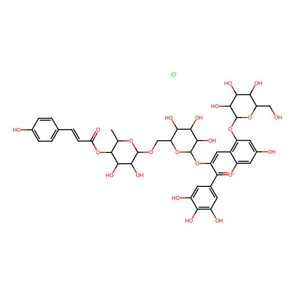 2D Structure of [(2R,3S,4R,5S,6R)-4,5-dihydroxy-2-methyl-6-[[(2R,3S,4S,5R,6S)-3,4,5-trihydroxy-6-[7-hydroxy-5-[(2S,3R,4S,5S,6R)-3,4,5-trihydroxy-6-(hydroxymethyl)oxan-2-yl]oxy-2-(3,4,5-trihydroxyphenyl)chromenylium-3-yl]oxyoxan-2-yl]methoxy]oxan-3-yl] (E)-3-(4-hydroxyphenyl)prop-2-enoate;chloride