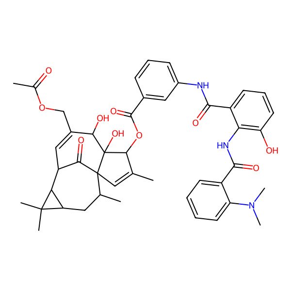 2D Structure of [(4S,5S,6R)-7-(acetyloxymethyl)-5,6-dihydroxy-3,11,11,14-tetramethyl-15-oxo-4-tetracyclo[7.5.1.01,5.010,12]pentadeca-2,7-dienyl] 3-[[2-[[2-(dimethylamino)benzoyl]amino]-3-hydroxybenzoyl]amino]benzoate