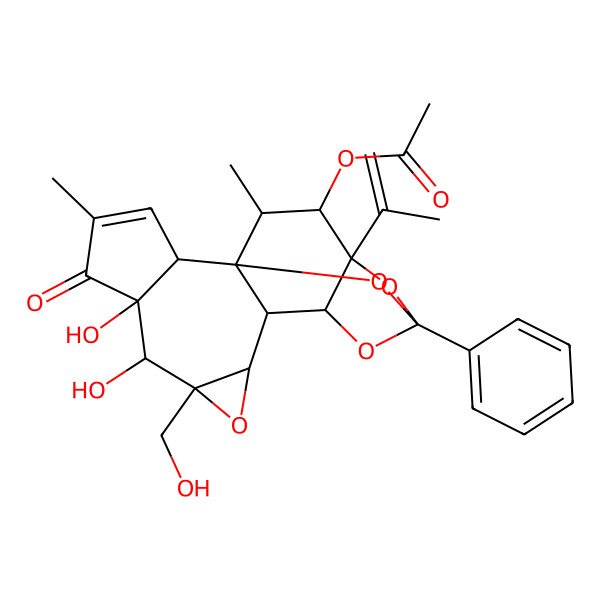 2D Structure of [(1R,2R,6S,7S,8R,10S,11S,12R,14S,16S,17R,18R)-6,7-dihydroxy-8-(hydroxymethyl)-4,18-dimethyl-5-oxo-14-phenyl-16-prop-1-en-2-yl-9,13,15,19-tetraoxahexacyclo[12.4.1.01,11.02,6.08,10.012,16]nonadec-3-en-17-yl] acetate