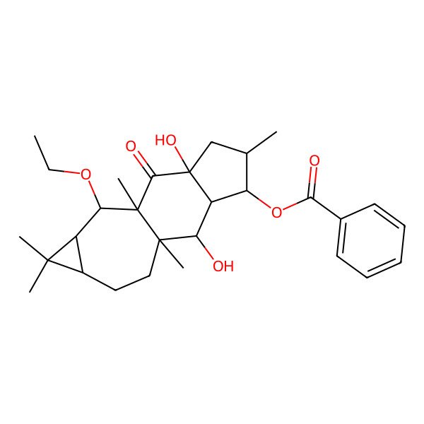 2D Structure of [(1R,2R,3S,4S,5S,7R,9R,10R,11R,13S)-10-ethoxy-2,7-dihydroxy-1,5,9,12,12-pentamethyl-8-oxo-4-tetracyclo[7.6.0.03,7.011,13]pentadecanyl] benzoate