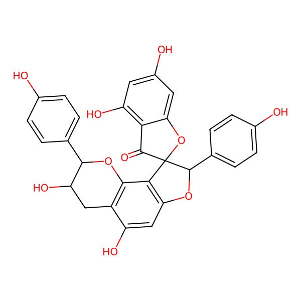 2D Structure of (2S,2'R,3'S,8'S)-3',4,5',6-tetrahydroxy-2',8'-bis(4-hydroxyphenyl)spiro[1-benzofuran-2,9'-2,3,4,8-tetrahydrofuro[2,3-h]chromene]-3-one