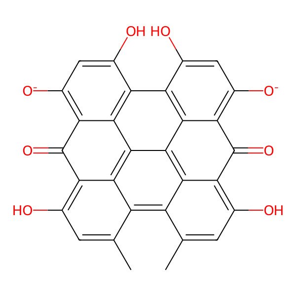2D Structure of 5,11,18,24-tetrahydroxy-13,16-dimethyl-9,20-dioxooctacyclo[13.11.1.12,10.03,8.04,25.019,27.021,26.014,28]octacosa-1(27),2(28),3,5,7,10,12,14,16,18,21,23,25-tridecaene-7,22-diolate