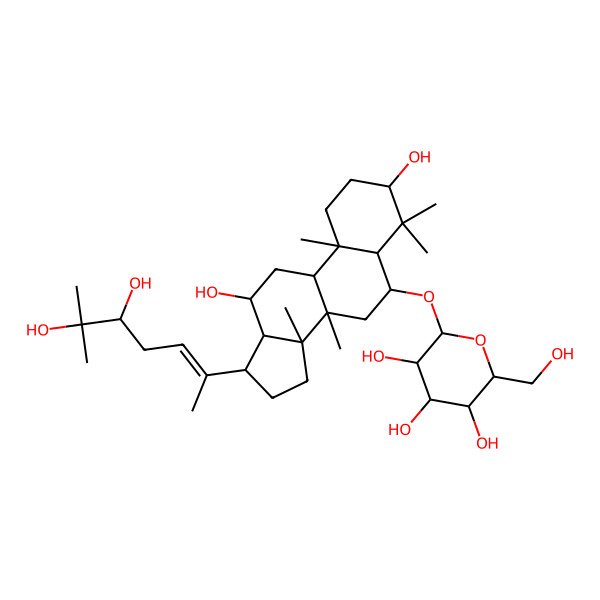 2D Structure of (2R,3R,4S,5S,6R)-2-[[(3S,5R,6S,8R,9R,10R,12R,13R,14R,17S)-17-[(E,5S)-5,6-dihydroxy-6-methylhept-2-en-2-yl]-3,12-dihydroxy-4,4,8,10,14-pentamethyl-2,3,5,6,7,9,11,12,13,15,16,17-dodecahydro-1H-cyclopenta[a]phenanthren-6-yl]oxy]-6-(hydroxymethyl)oxane-3,4,5-triol